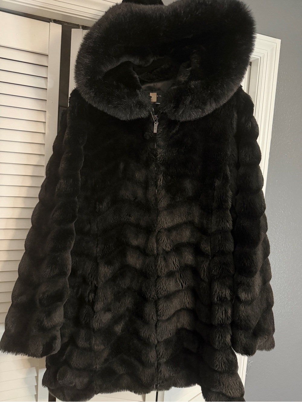 Gallery Black Faux Fur Hooded Pea Coat size Large